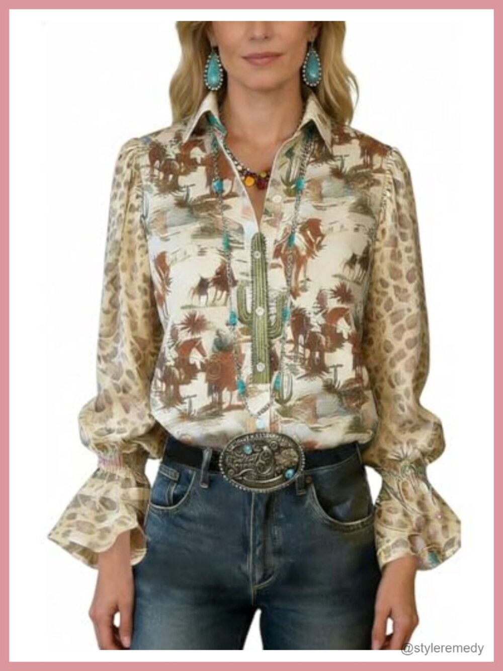 Boho Paisley Long Puff Sleeve Ruffled Cuff Button Down Blouse